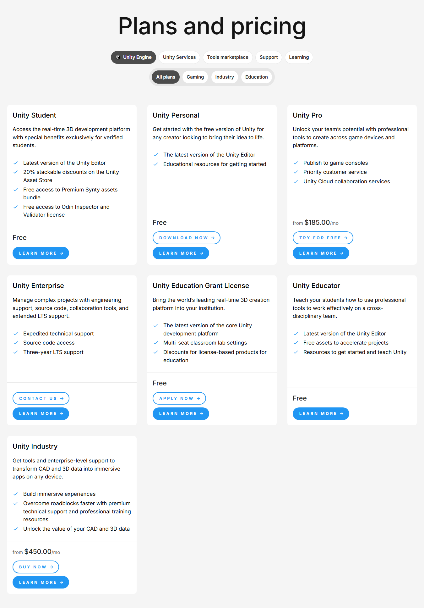 Unity pricing table