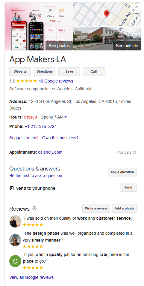 App Makers LA reviews on Google